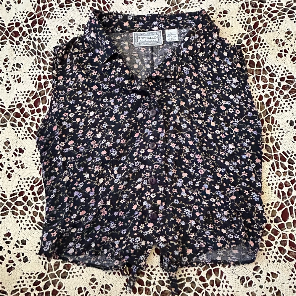 Vintage 90’s Black Floral Button-Up Blouse with Tie Back